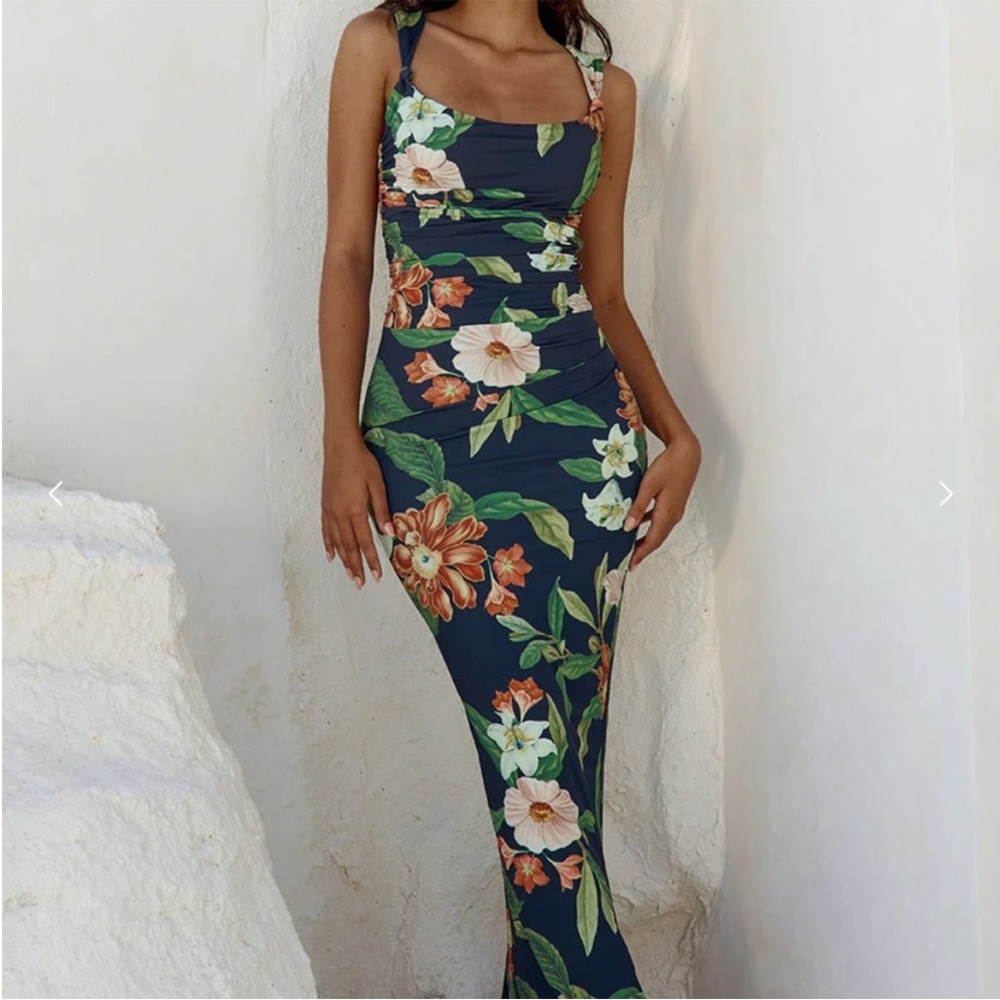 Navy Floral Maxi Dress with Straps